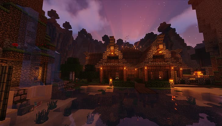 Minecraft, Minecraft nether, landscape, building, lava, bridge, HD wallpaper