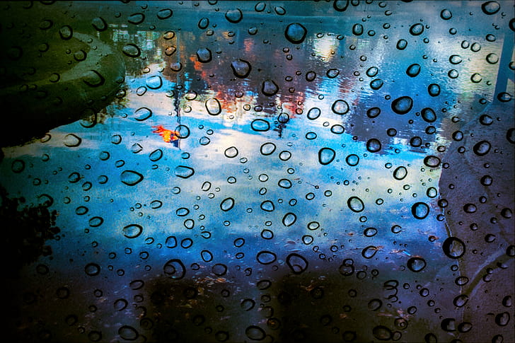 close up photo of water drops, raindrops, landscape, colorful, HD wallpaper
