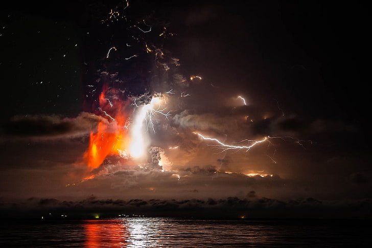 Calbuco Volcano, Chile, eruption, landscape, Lava, Lightning, HD wallpaper