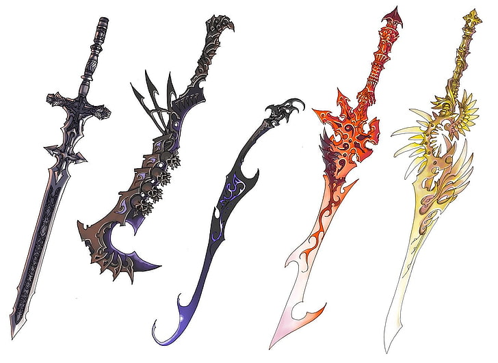 five assorted fantasy swords illustration, fantasy art, weapon