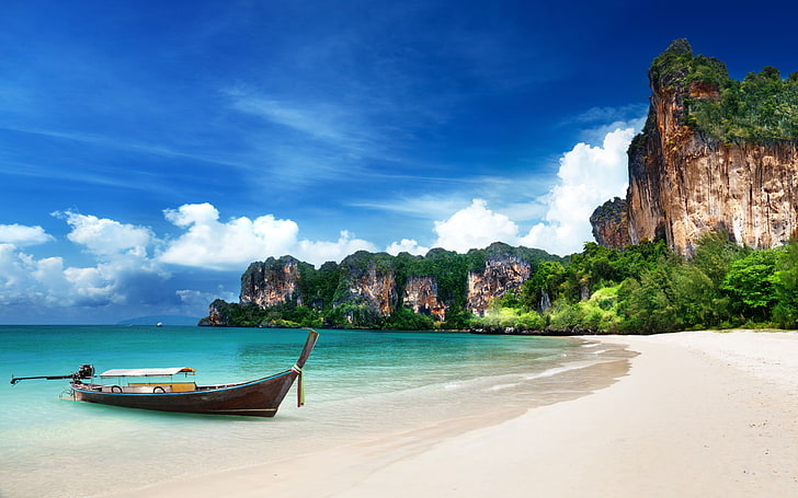 Krabi Island Beaches Thailand Sandy Beach Boat Coast Rocks Blue Sky  Exotic Hd Wallpaper For Desktop 3840×2400