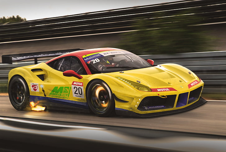 yellow and red sport car, Ferrari, Race, GTB, Speed, GT3, Track