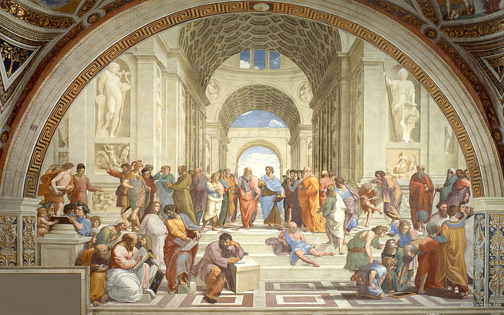 religious painting, Raphael, Athens, philosophy, arch, school