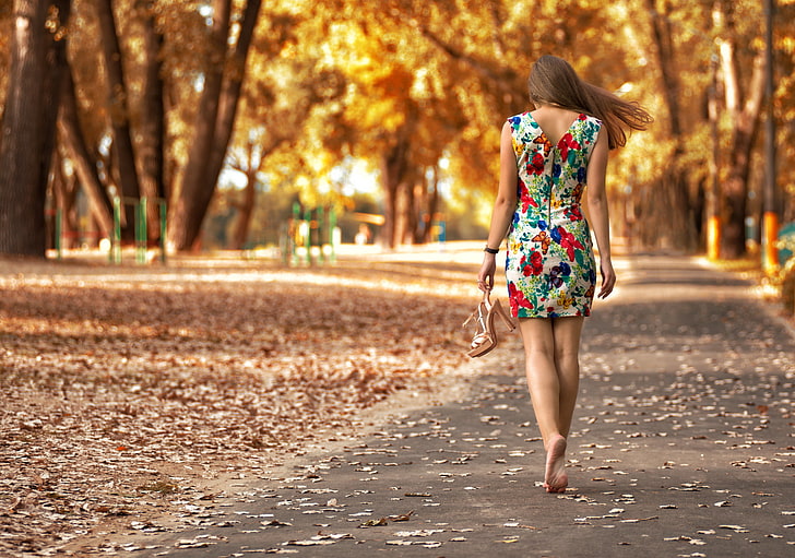 women's white, green, and red floral dress, autumn, leaves, girl