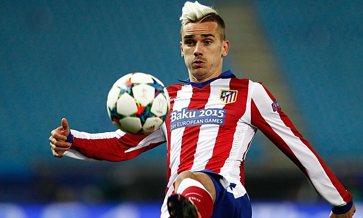 men's red and white jersey, antoine griezmann, football player, HD wallpaper