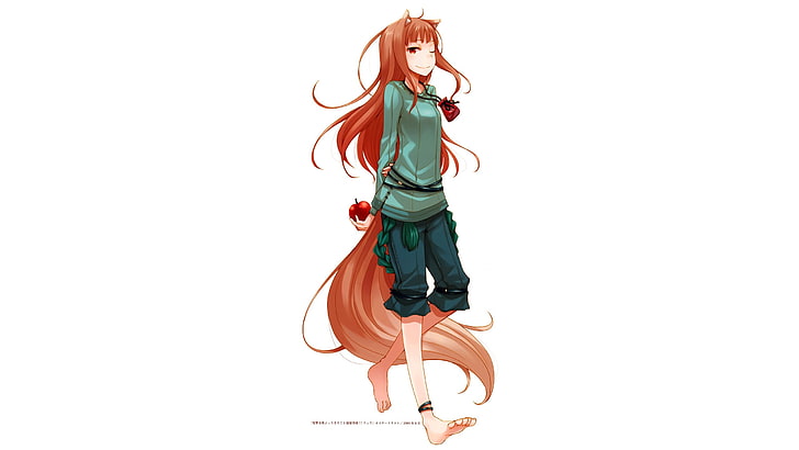 Holo, Spice and Wolf, wolf girls, smiling, apples, long hair