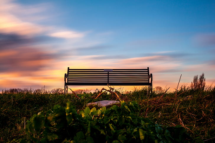 black metal bench surrounded grass, Colours, Sky, clouds, east beach, HD wallpaper
