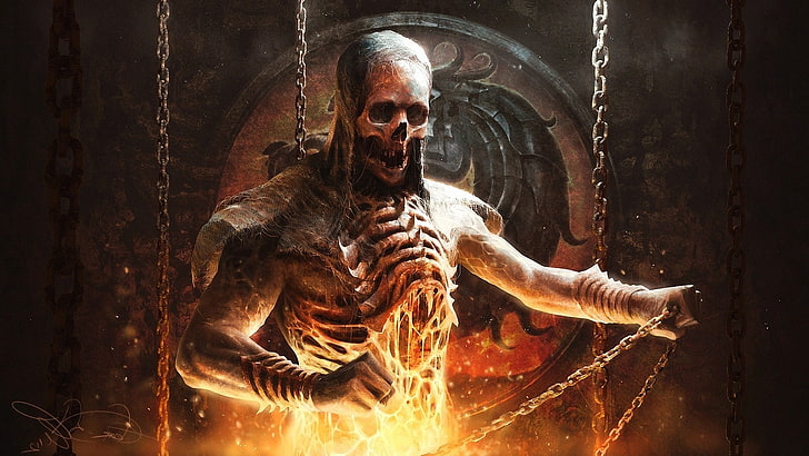 chains, fantasy Art, Mortal Kombat, Scorpion (character), skeleton