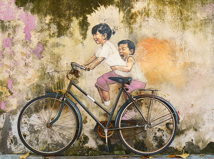 Kids Bicycle a Riding Graffiti Art, Artistic, Creative, Vintage, HD wallpaper