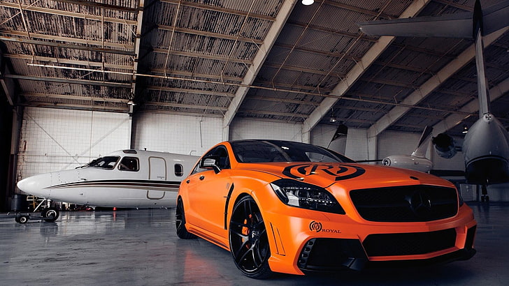 orange Mercedes-Benz coupe, C63 AMG, car, aircraft, vehicle, mode of transportation, HD wallpaper