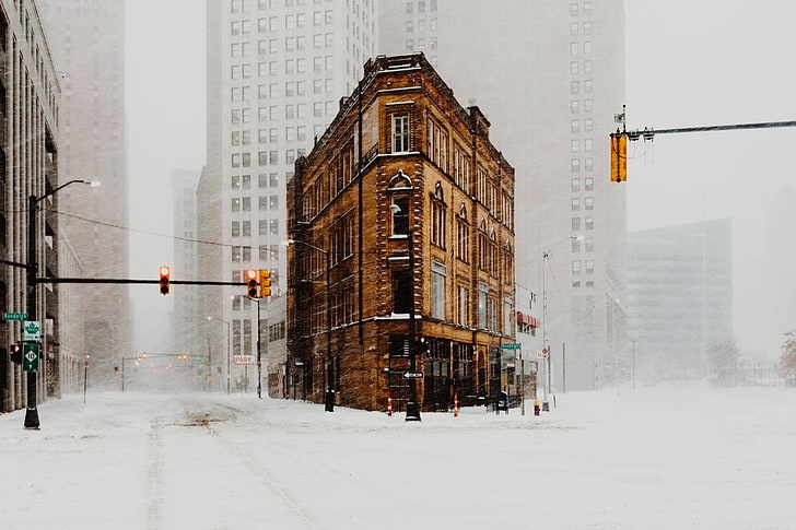 HD wallpaper: Cities, Detroit, Building, City, Snow, Snowfall, Street, USA  | Wallpaper Flare