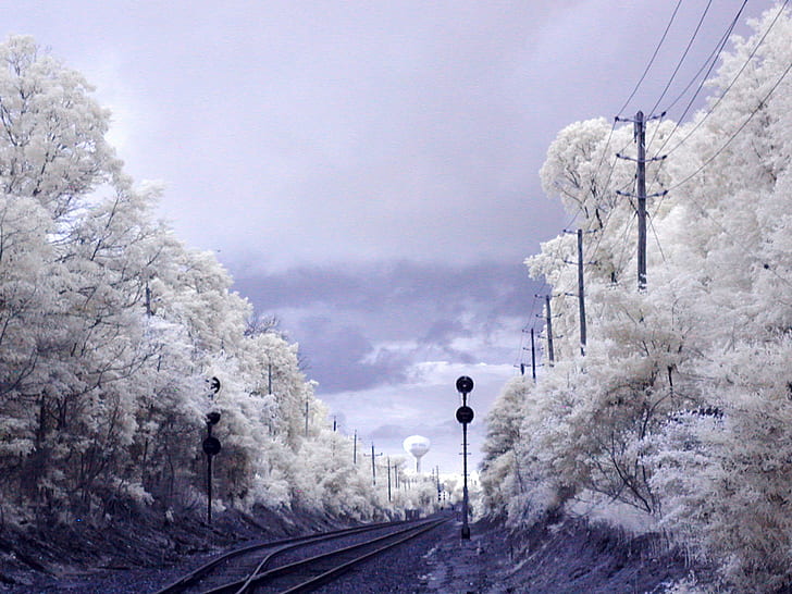 train railway photo during winter, infrared, ir, train  tracks, HD wallpaper