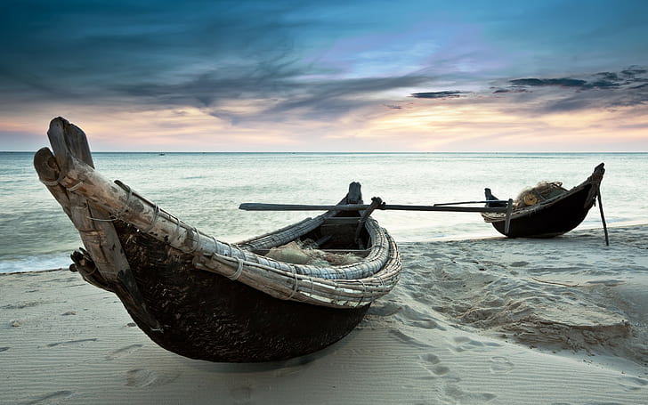 Boat, sand, sea, 2 white and black row boats, HD wallpaper