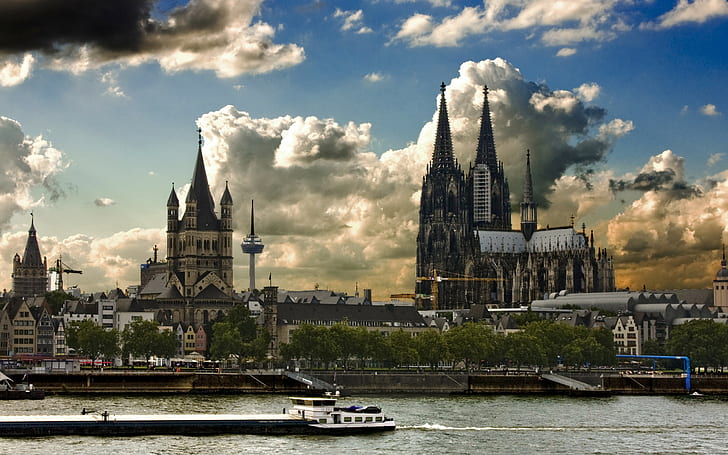 architecture, building, castle, clouds, tower, trees, Cologne