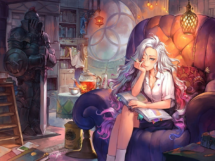 long white-haired anime character wallpaper, painting, original characters, HD wallpaper