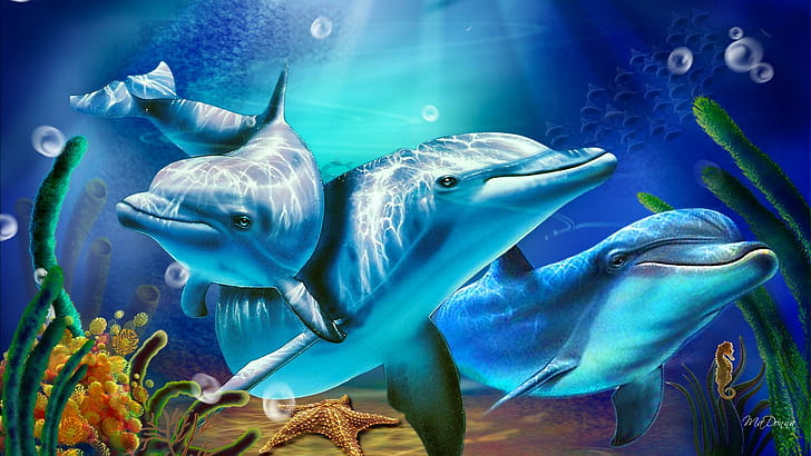 Dolphins Sunbeams, sun beams, bubbles, bright, underwater, coral, HD wallpaper