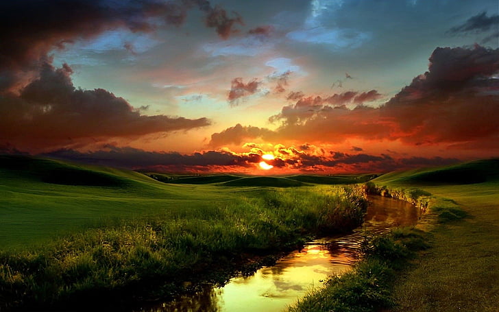 amanecer, naturaleza, nubes, rio, verde, HD wallpaper