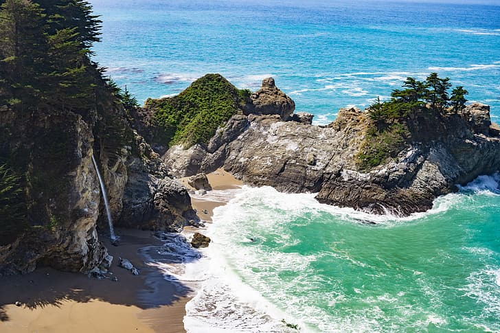 beach, landscape, nature, trees, sea, McWay Falls, California, HD wallpaper