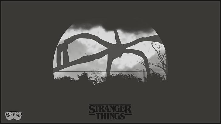 Stranger Things wallpaper, digital art, monochrome, sky, silhouette