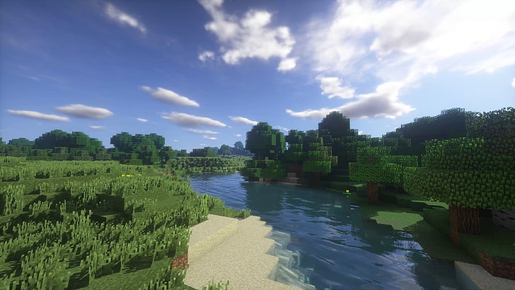 white and blue trees near body of water painting, landscape, Minecraft