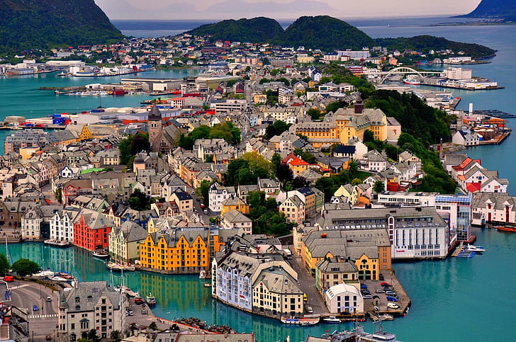 Alesund, Norway, sky, Sea, mountains, houses, port, landscape, HD wallpaper