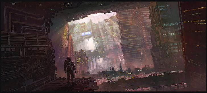 soldier illustration, artwork, concept art, futuristic, futuristic city, HD wallpaper