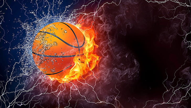 basketball, fire, waterdrops, flame, fantasy, HD wallpaper