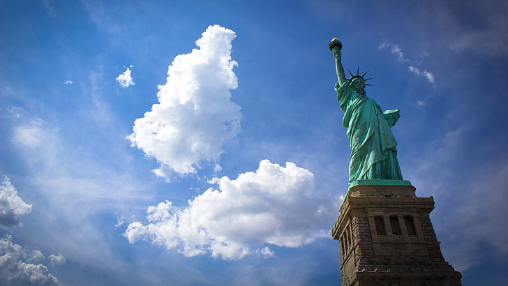 New York City, statue, Statue of Liberty, clouds, sculpture, HD wallpaper