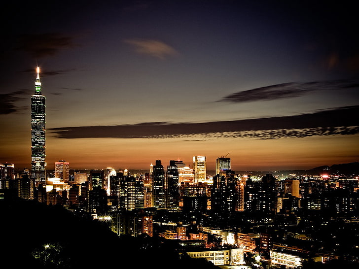 Taipei, sky, lights, cityscape, building exterior, architecture, HD wallpaper