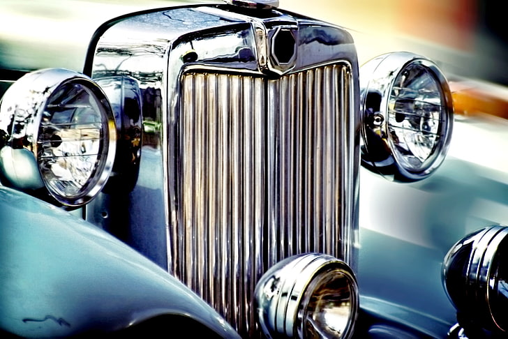 luxury cars, classic car, blue, closeup, chrome, headlight, HD wallpaper
