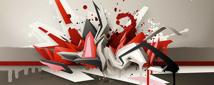 daim dual monitors graffiti 3d, red, indoors, no people, large group of objects
