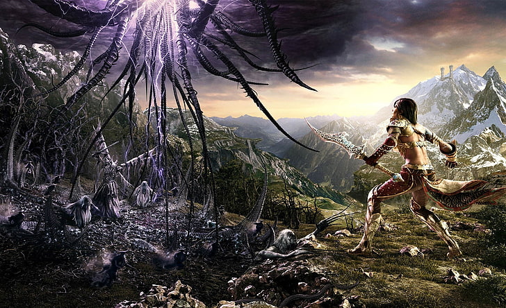 female gladiator game character looking towards sky, fantasy art
