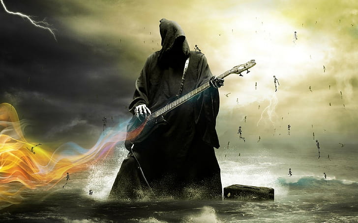 death, guitar, skeleton, sea, dark, artwork, bass guitars