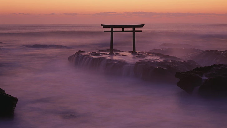 red wooden gate, nature, landscape, torii, Japan, Asia, rock