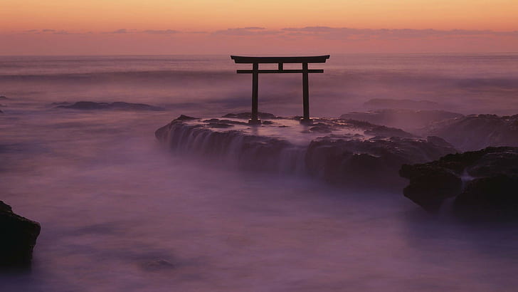 stones, torii, sea, landscape, Japan, sunset, Asia, nature, HD wallpaper