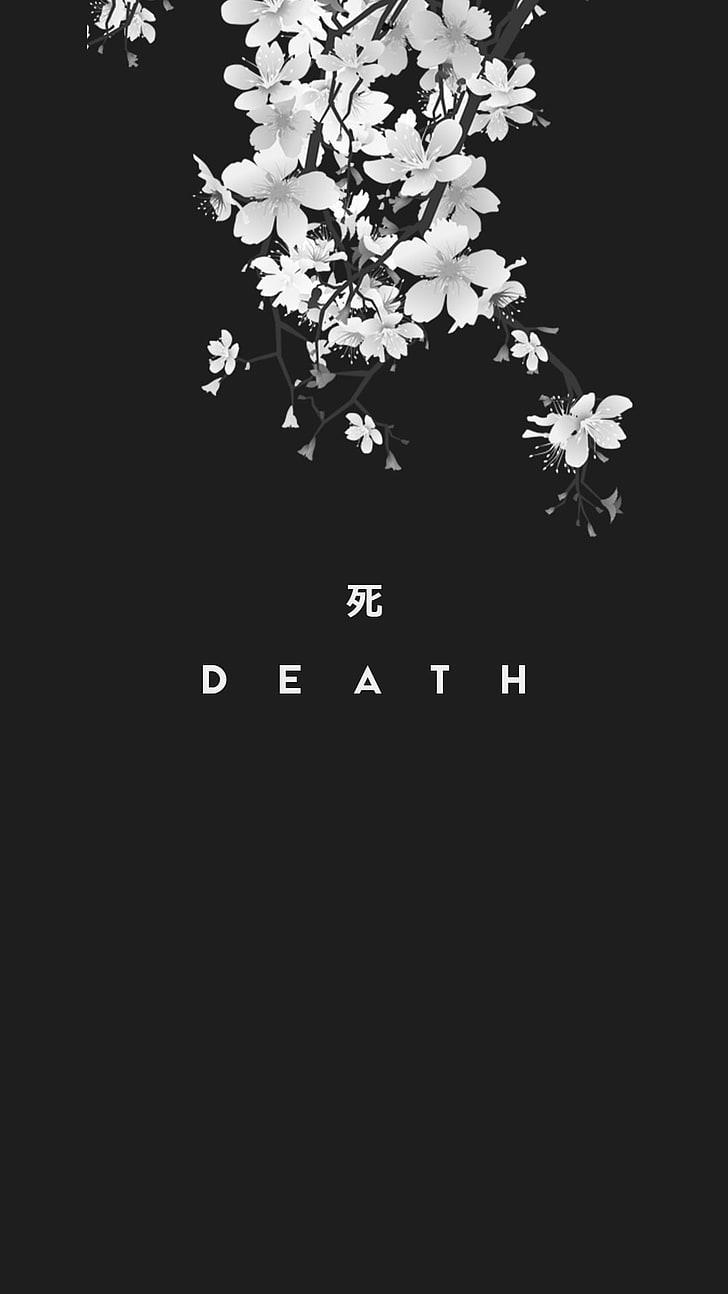black background with text overlay, death, dark, kanji, Japan