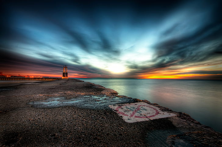 body of water during sunset, Chicago, HDR, North  Ave, Beach  Lighthouse