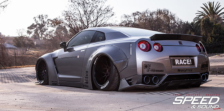 silver coupe, Nissan GT-R, Nissan GTR, LB Performance, mode of transportation