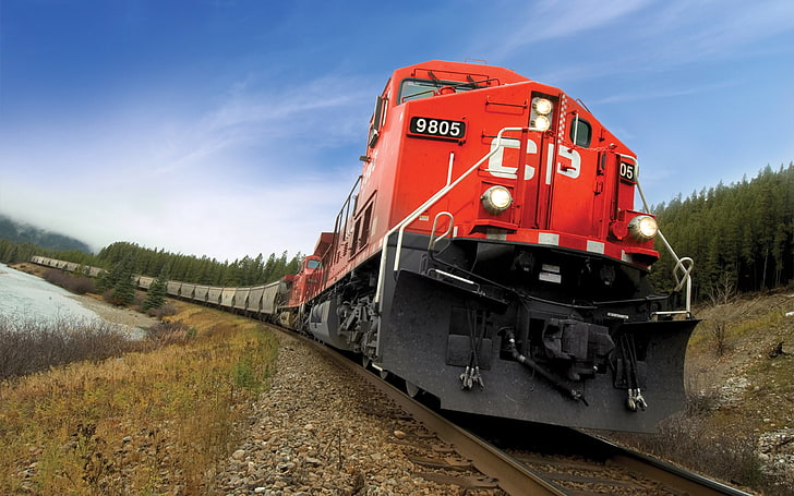 red and white dump truck, diesel locomotive, freight train, rail transportation