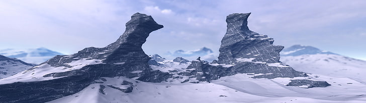 snow caps mountain, sky, multiple display, mountains, rock, winter