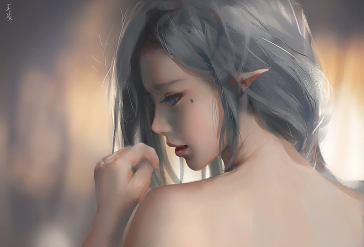 illustrazione di elfo femminile capelli d'argento, WLOP, arte digitale, opere d'arte, Sfondo HD