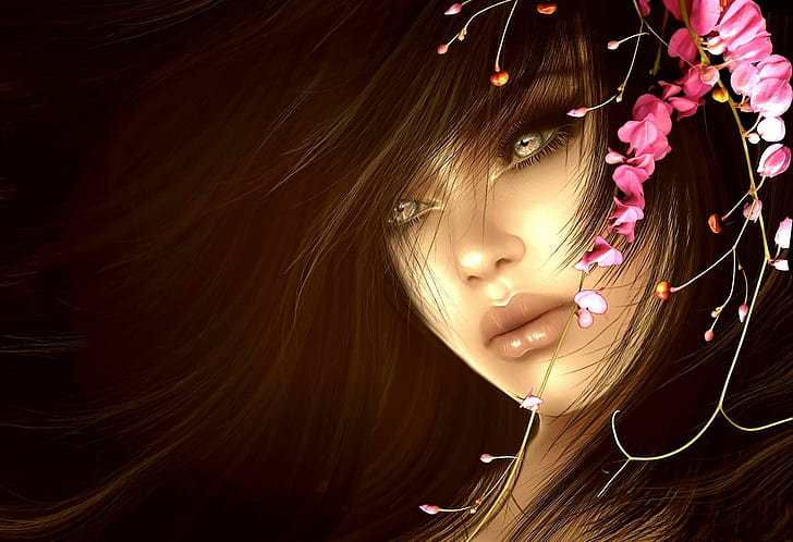 Sadness, face, beautiful, flowers, female, beauty, fantasy, eyes, HD wallpaper