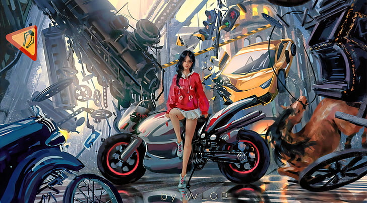 car, city, girl, fantasy, game, science fiction, motorcycle, HD wallpaper