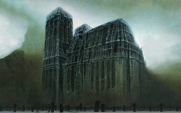 surrealism, the darkness, cemetery, Cathedral, plate, Zdzisław Beksiński