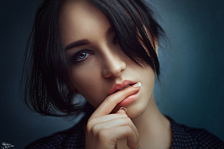 women's black top, model, brunette, blue eyes, portrait, Georgy Chernyadyev