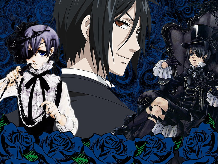 Black Butler wallpaper, kuroshitsuji, characters, chair, smiling