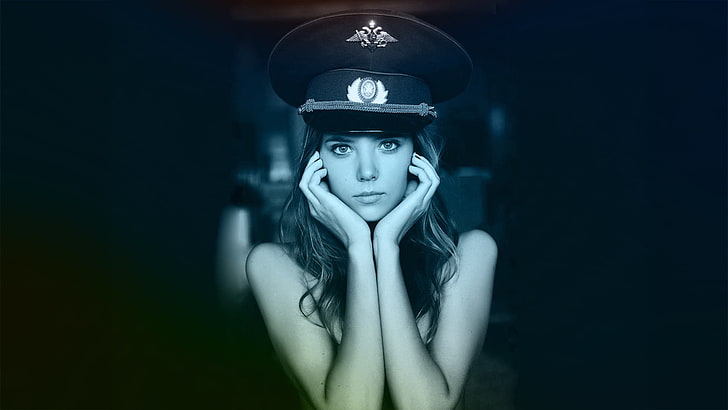 women's black cap, Katya Clover, gray eyes, smoky eyes, cyan, HD wallpaper