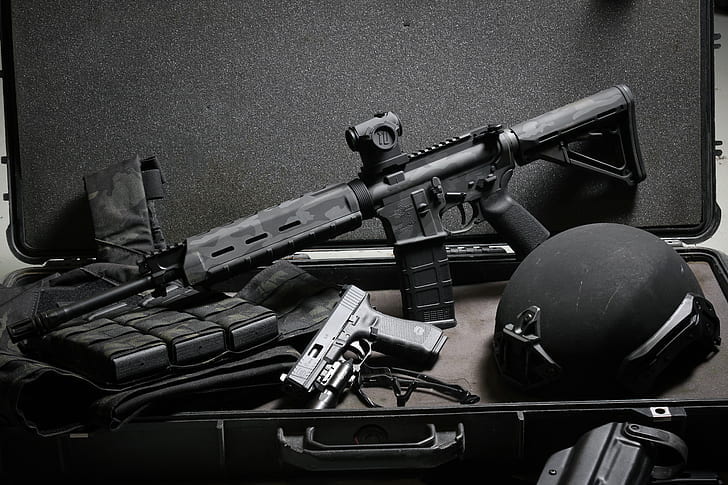 gun, weapons, background, suitcase, helmet, Glock, assault rifle, HD wallpaper