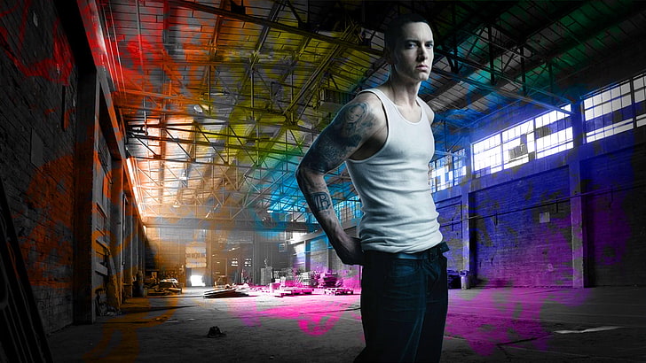 Eminem artwork, hangar, t-shirt, tattoo, look, muscular Build, HD wallpaper