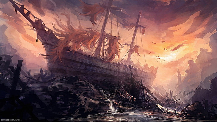 ship on land illustration, fantasy art, colorful, painting, nature